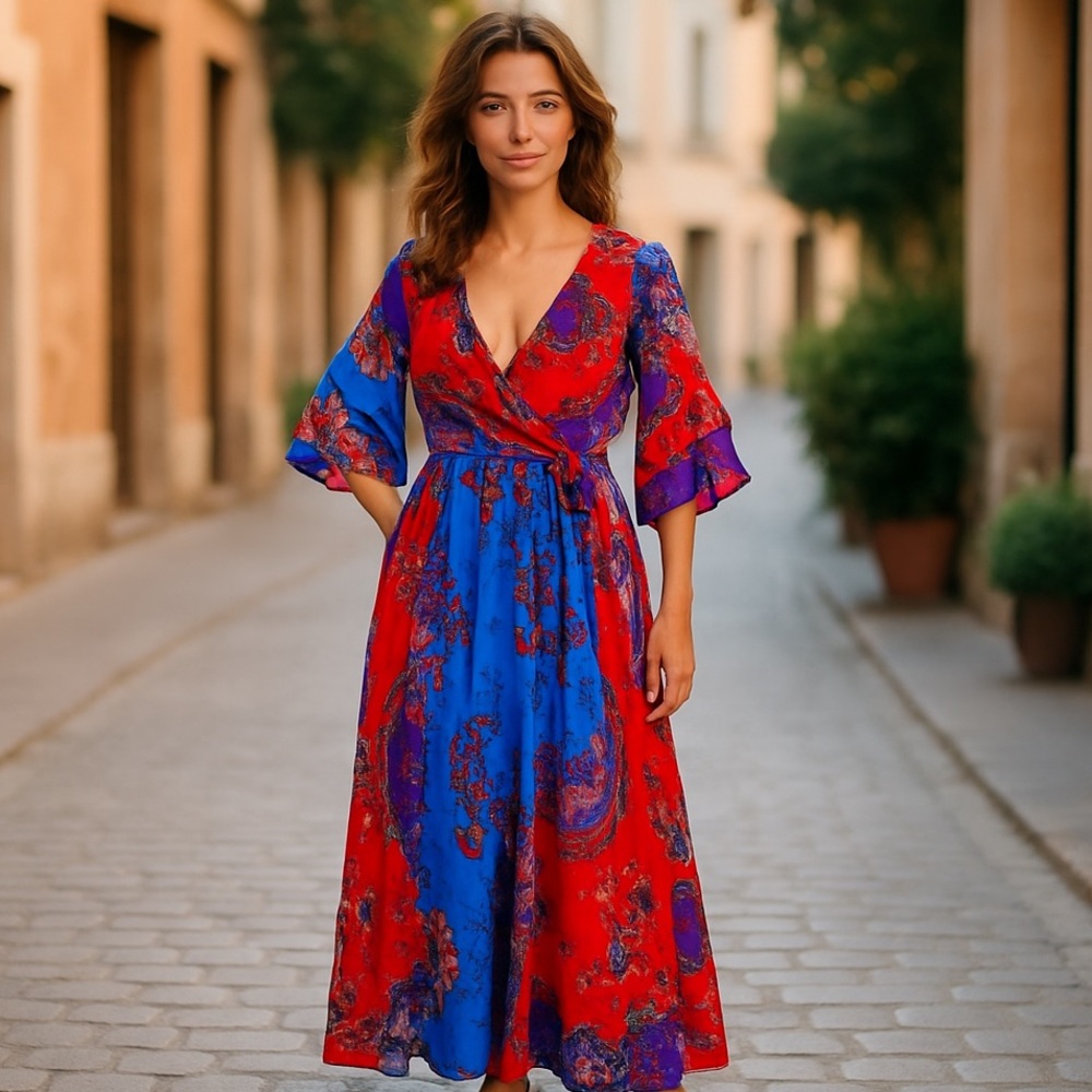 NWT  Boho Festive Boho Hippi   Ruffle Maxi Dress Blue Red Beach Vacations
